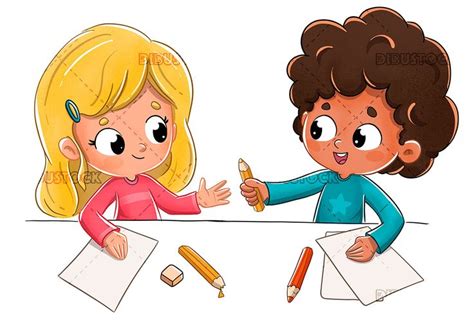 Children At School Lending A Pencil Niños En El Colegio Deberes De