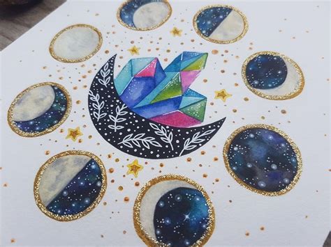 Crystal Moon Phases Art Print Bohemian Art Spiritual Etsy Moon