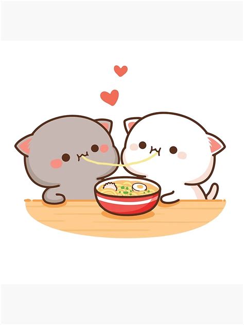Peach And Goma Mochi Cat Eating Ramen Poster By Misoshop Redbubble