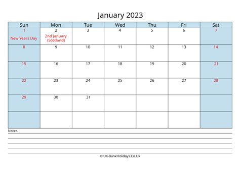 January 2023 Calendar Printable With Bank Holidays Uk