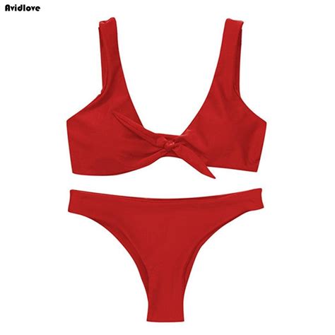 Swimwear Sexy V Neck Solid Ruched Tie Knot Front Bikini Set Women In