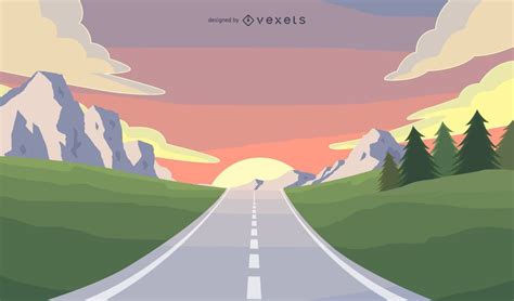 Beautiful Road Landscape Illustration With A Road Going Around A Forest