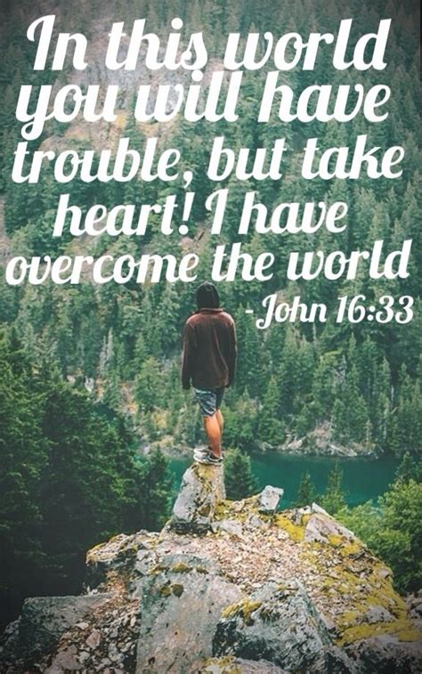 In this world you will have trouble but take heart i have overcome the world. John 16:33 (ESV) ~ Jesus said I have said these things ...