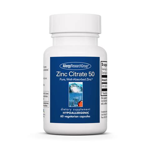 Zinc Citrate 50 Mg 60 Vegetarian Capsules By Allergy Research Group Natural Healing House