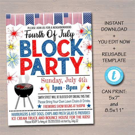 Editable Patriotic Neighborhood Block Party Invite Printable Bbq Picnic Summer Party 4th Of