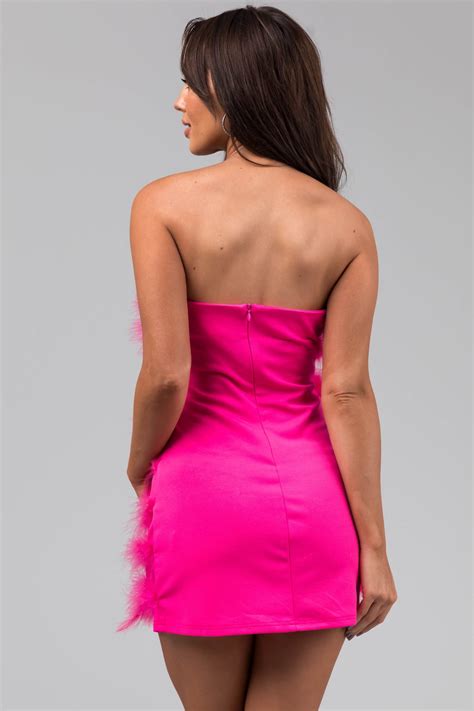 Hot Pink Faux Fur Strapless Mini Dress Lime Lush