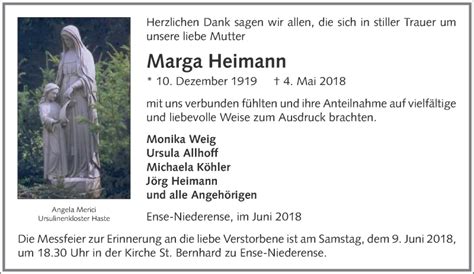 Traueranzeigen Von Marga Heimann Trauer In Nrw De