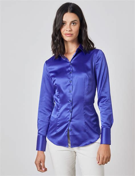 Plain Satin Stretch Womens Fitted Shirt With Single Cuff In Electric Blue Hawes And Curtis