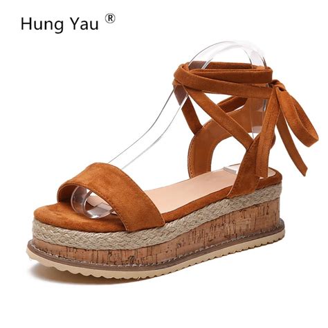 Hung Yau Gladiator Sandals Weaven Wedges Platform Hemp Rope Thick Bottom Heels Ankle Cross