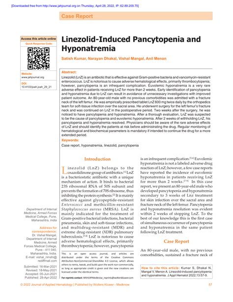PDF Linezolid Induced Pancytopenia And Hyponatremia