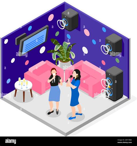 Isometric Colored Female Friends Composition Two Friends At A Party Singing Karaoke Vector
