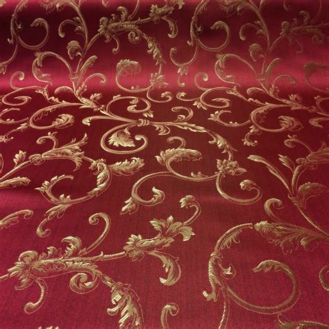 Jacquard Damask Print Fabric Burgundy Gold For Curtains And Decoration