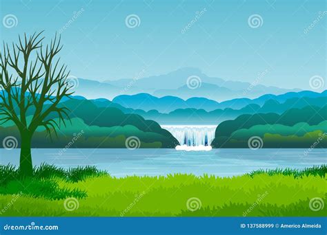 Landscape With Mountains Hills Waterfall And Tree Illustration Stock