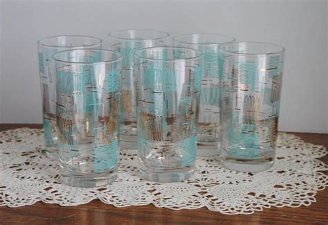 vintage retro drinking glasses aqua turquoise gold lines set of 6 by 12108vintagelane on etsy