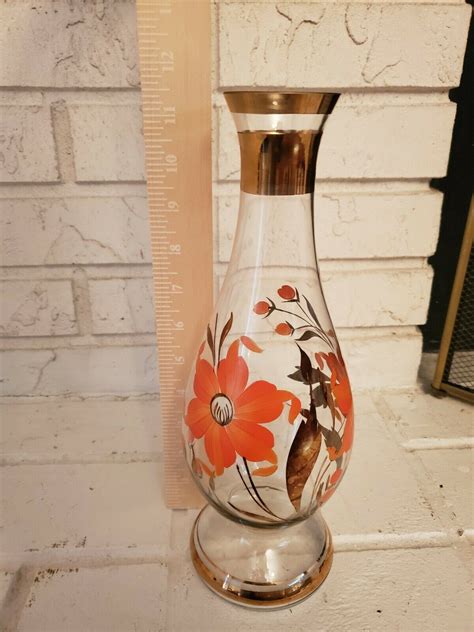 Vintage Hand Painted Floral Clear Vase With Gold Trim Clear Vase