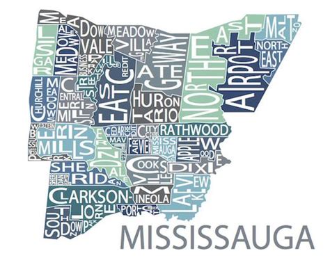 Typographic Map Of Mississauga Ontario Canada Ontario City