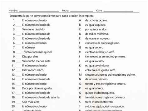 Cardinal And Ordinal Numbers Sentence Match Spanish Worksheet