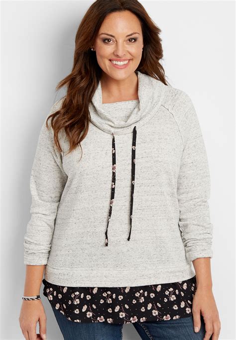 Plus Size Cowl Neck Pullover Sweatshirt With Floral Hem Cowl Neck