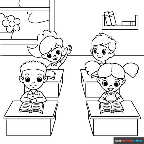 Kids In Classroom Cartoon Coloring Page Easy Drawing Guides