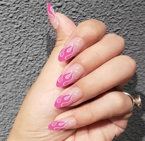 Hot Pink Flame Almond Nails Press On Nails Medium Almond Etsy In 2021 Glue On Nails Fake