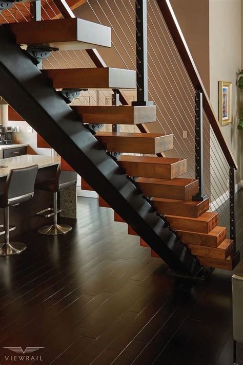 Powder Coated Ready Made Stair Wood And Mild Steel With Cable Rail At
