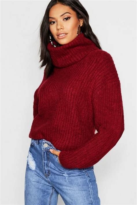 Oversized Turtleneck Rib Knitted Sweater Boohoo In 2021 Beautiful Womens Sweaters Sweaters