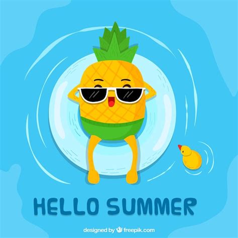 Hello Summer Background With Cute Pineapple Cartoon Free Vector
