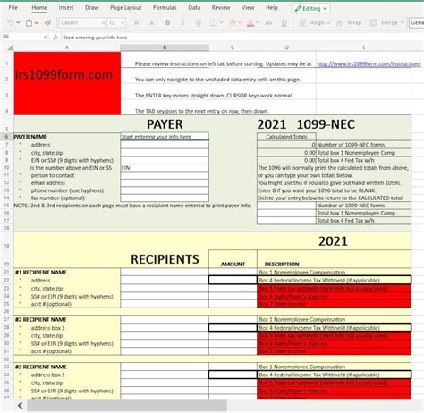 1099 Nec Excel Template For Printing Onto Irs Form 2022 Etsy