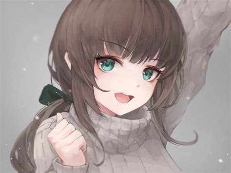 Anime Girl Sweater Brown Hair Green Eyes Green Eyes Anime Girl 2048x1536 Wallpaper