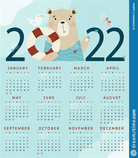Calendar 2022 Cute Sea Bear With A Seagull Vector Illustration