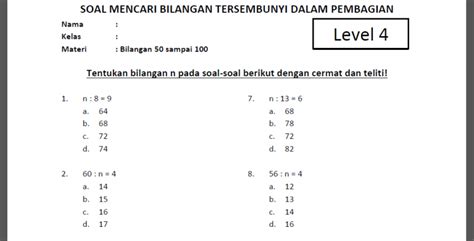 Soal Mencari Bilangan N Dalam Pembagian Kelas 3 SD Level 4 Dan Kunci