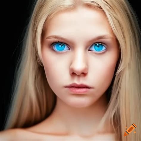 Portrait Of A Young Russian Beauty With Blonde Hair And Blue Eyes On