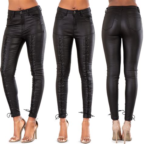 Womens Ladies Black Wet Look Leather Jeans Skinny Trouser Pu Leggings Size 6 16 Ebay