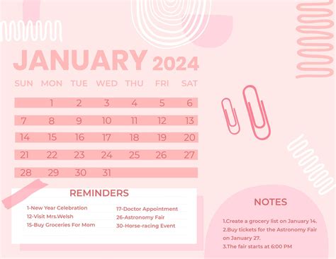 Pink January 2024 Calendar Eps Illustrator  Word Svg