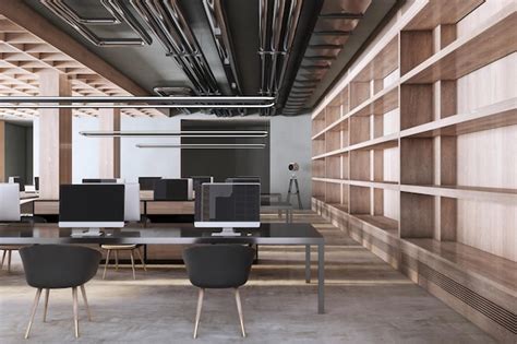 Premium Photo Luxury Concrete And Wooden Coworking Office Interior