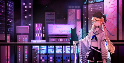 Wallpaper Anime Girls Blonde Black Cats Fence Night City Neon