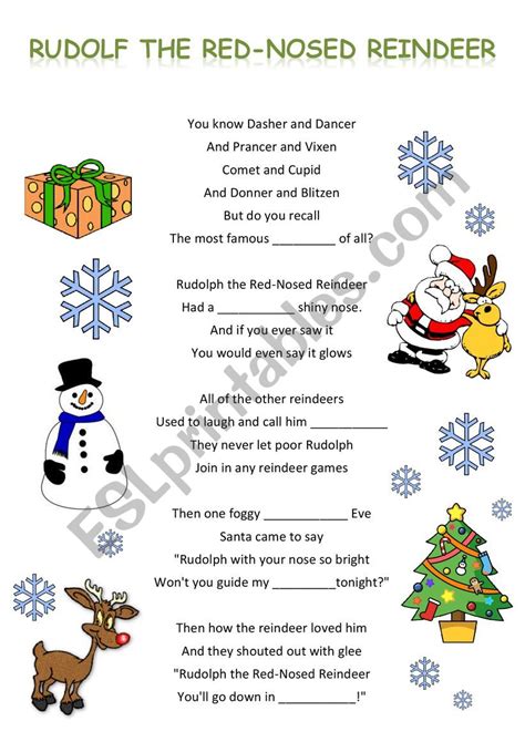 Rudolph The Red Nosed Reindeer Song Text With Gaps Easy For Beginners
