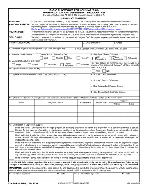 Da Form 5960 Download Fillable Pdf Or Fill Online Basic Allowance For