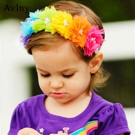 Newborn Baby Headbands Tulle Flower Elastic Rainbow Headbands Girls