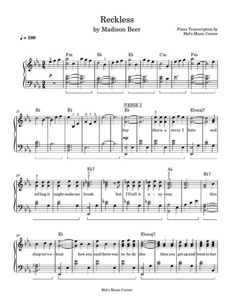 Madison Beer Reckless Piano Sheet Music Sheets By Mels Music Corner