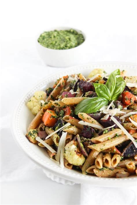 roasted root vegetable pasta with pesto kale pesto pasta vegetable pasta salads roasted root
