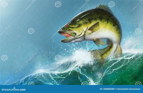 Largemouth Bass Jumps Out Of Water Realistic Illustration Big Bass