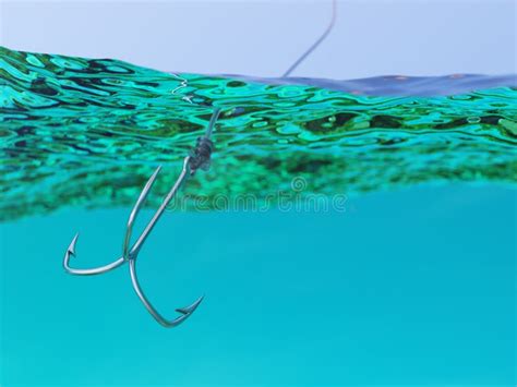 Split View Of Fishing Hook Under Water Surface 3d Illustration Stock