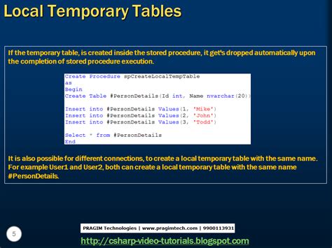 Sql Server Net And C Video Tutorial Part Temporary Tables