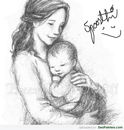 Cute cartoon brown bear and little cub laying on its back sleeping together drawn with watercolor technique. Charcoal Sketch Of Mother and Baby | DesiPainters.com