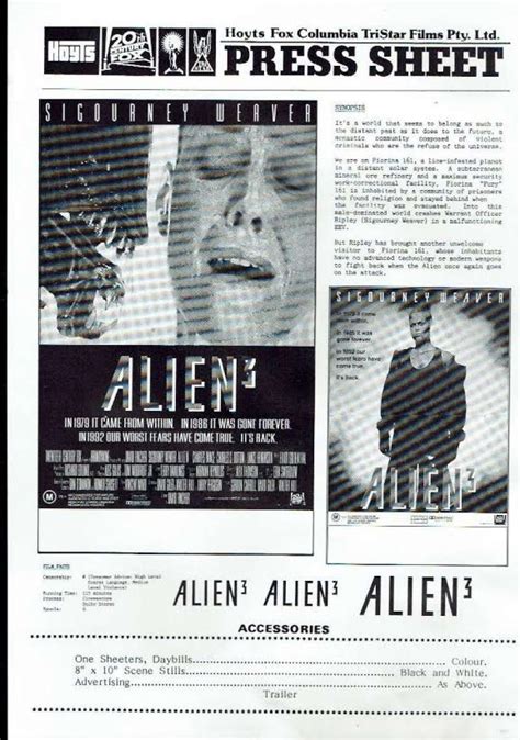 All About Movies Alien 3 Press Sheet Original 1992 Sigourney Weaver