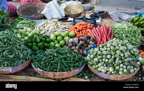 Indian Vegetables In Baskets At A Rural Village Market Andhra Stock