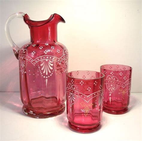 Bohemian Moser Cranberry Glass Pitcher And Glasses Cranberry Glass Moser Glass Antique Glass