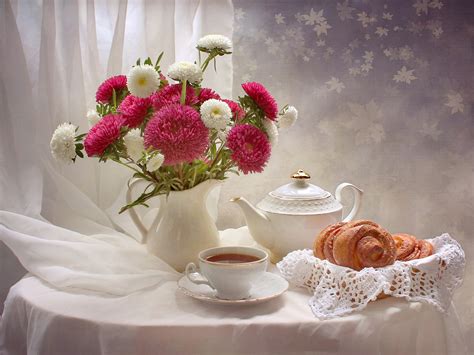 Still Life Asters Tea Kettle Vase Cup Hd Wallpaper Rare Gallery