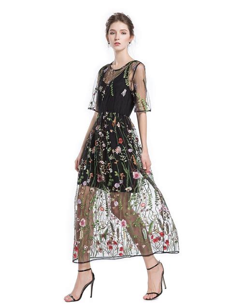Flower Embroidered Mesh Overlay Dress Pcs Set Sheer With Lining Dress